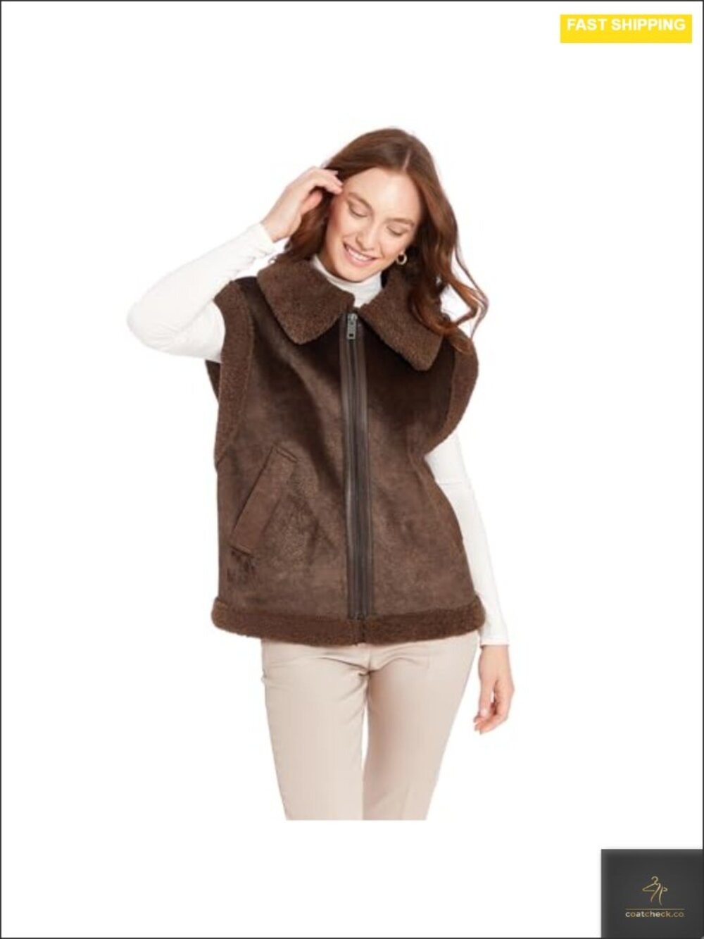 Faux Suede Zip Front Vest Sleeveless Mocha